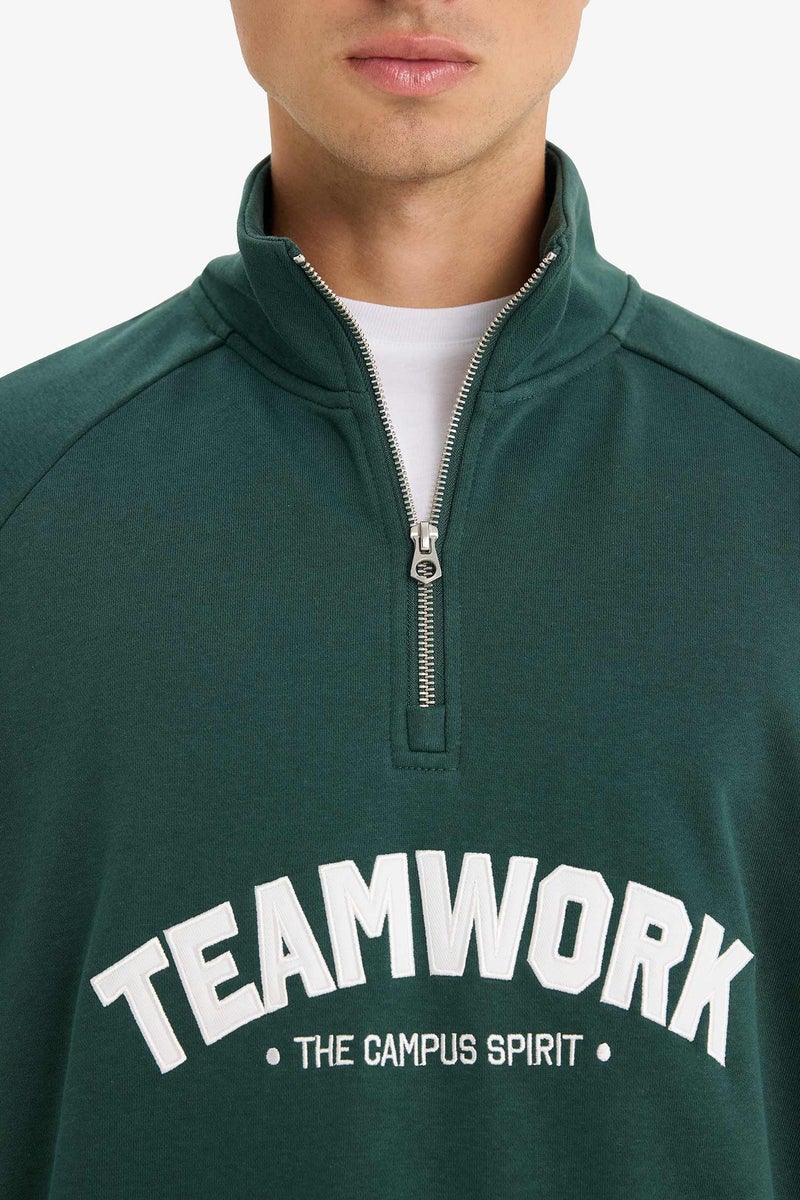 DeFacto Green Man Boxy Fit Stand Collar Zippered Printed Sweatshirt Casual - Image 5